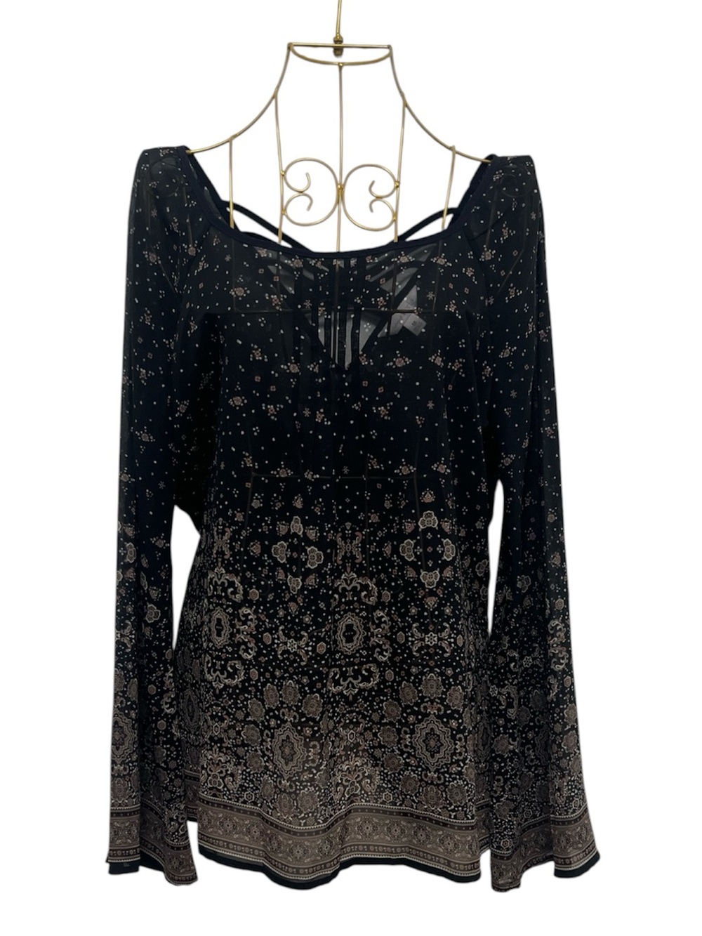 Charming Charlie Y2K Sheer Navy Floral Border-Print Long Sleeve Women's Tunic M